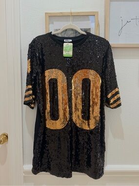 SAINTS FANS GAME DAY  Black and Gold Sequin Dress with Gold '00' Accent